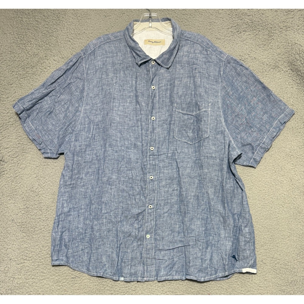 Tommy Bahama 100% Linen button up short sleeve shirt mens 2XL Blue Heathered